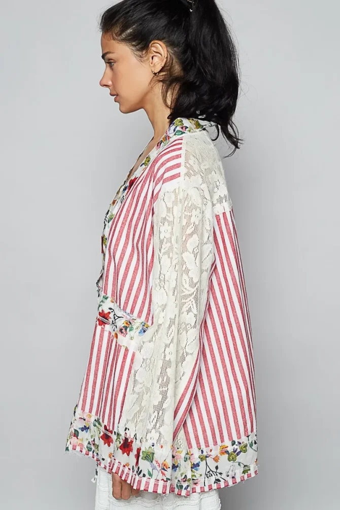POL Lace Long Sleeve Striped Cardigan with Floral Patchwork Detail - Image 2