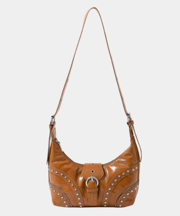 fame faux leather studded trim shoulder bag