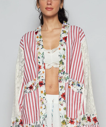 POL Lace Long Sleeve Striped Cardigan with Floral Patchwork Detail