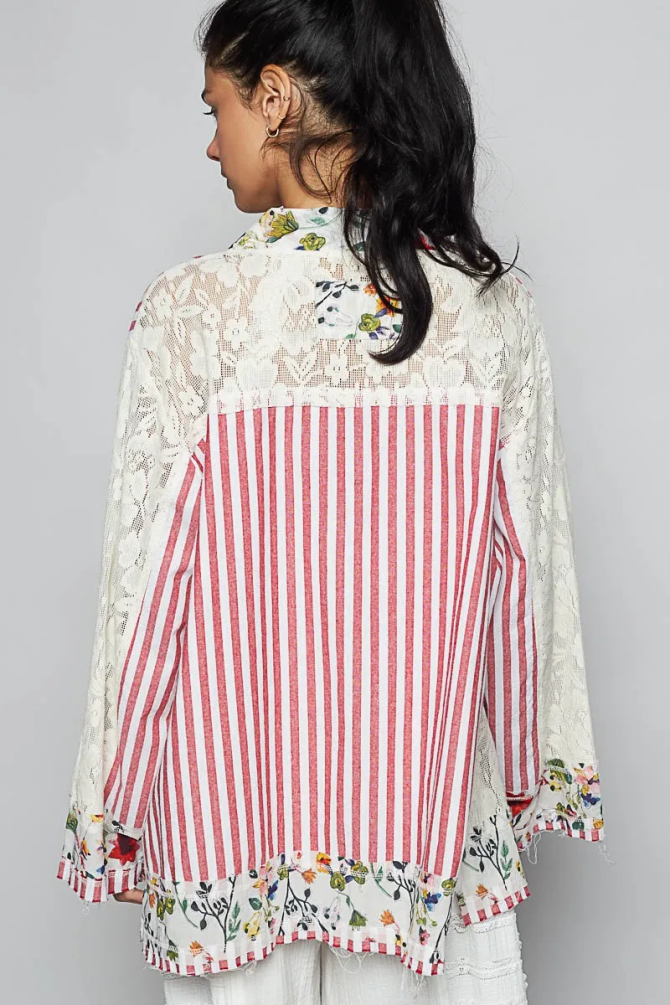 POL Lace Long Sleeve Striped Cardigan with Floral Patchwork Detail - Image 3