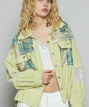 POL Printed Woven Mix Raw Hem Jacket with Lace Detail