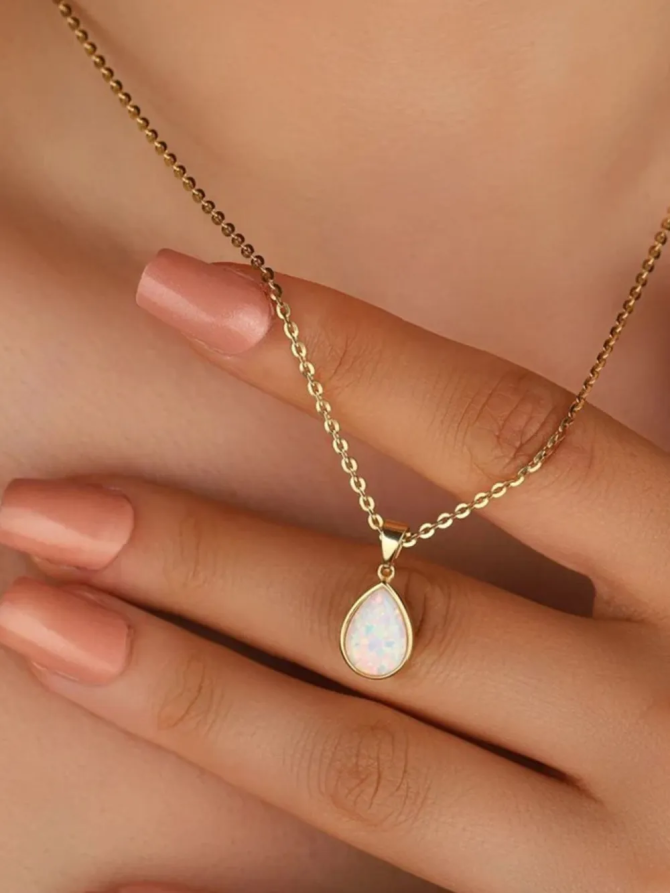 Stainless Steel Opal Teardrop Necklace