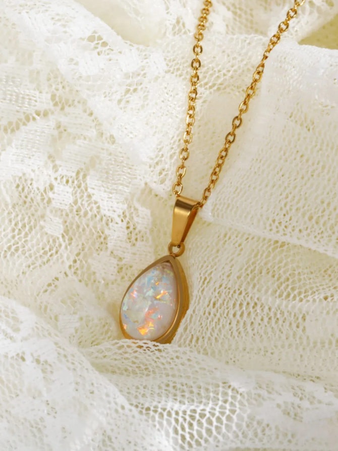 Stainless Steel Opal Teardrop Necklace - Image 2