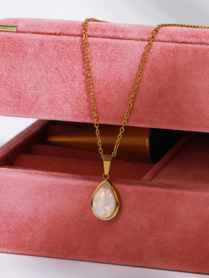 Stainless Steel Opal Teardrop Necklace - Image 3