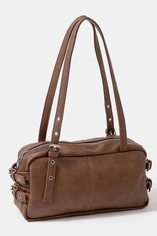 Fame Multi Grommet Belt Strap Rustic Rectangular Hand Bag - Image 2