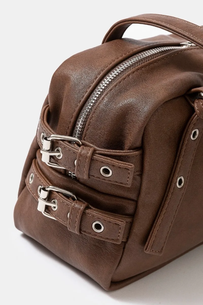 Fame Multi Grommet Belt Strap Rustic Rectangular Hand Bag - Image 5