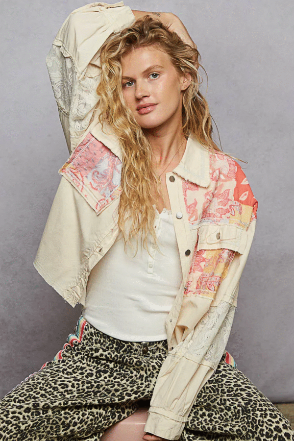 pol printed woven mix raw hem jacket with lace detail