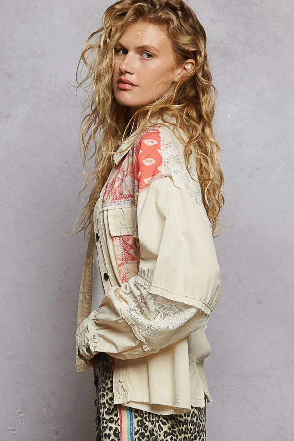pol printed woven mix raw hem jacket with lace detail