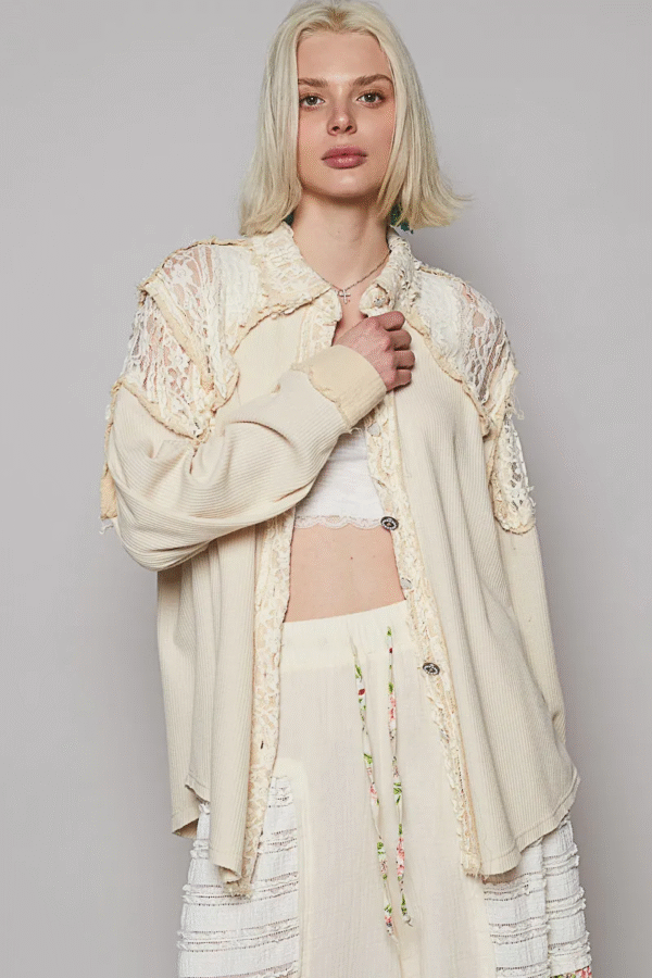pol lace patchwork button up shacket
